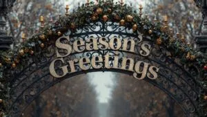 Ornate Wrought Iron Arch with “Season’s Greetings”