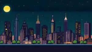 Pixel Art Cityscape Night Scene 8-Bit Low Resolution