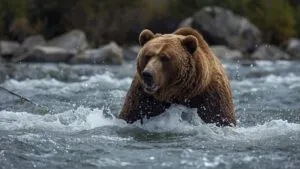 Powerful Grizzly Bear Fishing in River