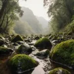 Rainforest Floor Moss Covered Rocks Vivid Detail Close Up