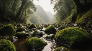 Rainforest Floor Moss Covered Rocks Vivid Detail Close Up