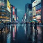 Rainy Night View of Tokyo Shibuya Crossing