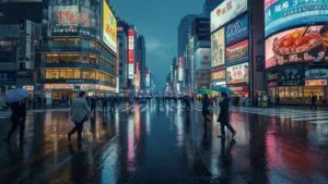 Rainy Night View of Tokyo Shibuya Crossing