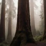 Redwood Forest Giant Trees Foggy Morning Vertical Shot