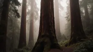 Redwood Forest Giant Trees Foggy Morning Vertical Shot