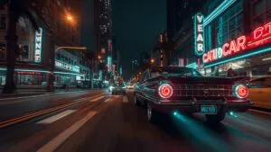 Retro Car Drive Neon Lights Night City