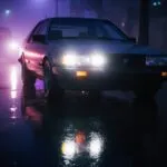 Retro Car Headlights Foggy Night Street Reflection