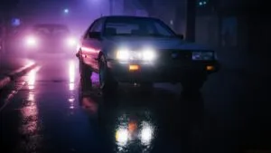 Retro Car Headlights Foggy Night Street Reflection