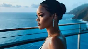 Rihanna Looking at the Ocean From a Balcony