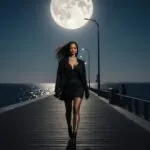 Rihanna strolling along a moonlit boardwalk