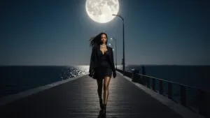Rihanna strolling along a moonlit boardwalk