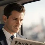 Rob James-Collier Reading a Newspaper on a Train