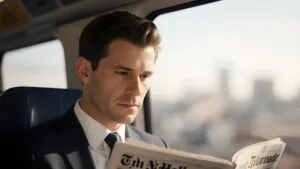 Rob James-Collier Reading a Newspaper on a Train