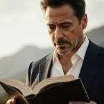 Robert Downey Jr AI Reading Book Outdoors