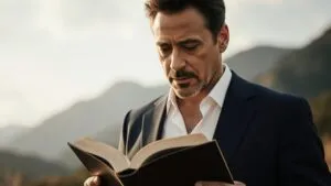 Robert Downey Jr AI Reading Book Outdoors