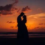 Romantic Couple Silhouette Sunset Beach Photo
