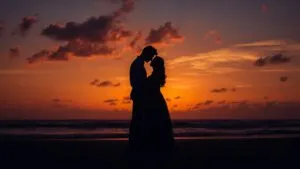 Romantic Couple Silhouette Sunset Beach Photo