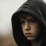 Sad Boy Hood Over Head Outdoors