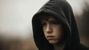 Sad Boy Hood Over Head Outdoors