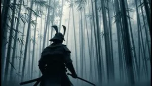 Samurai Warrior in Bamboo Forest Mist