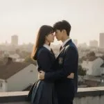 School Life Uniform Couple Rooftop Scene Subtle