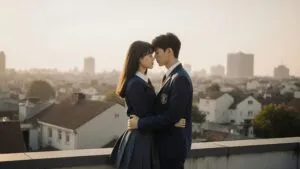 School Life Uniform Couple Rooftop Scene Subtle