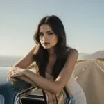 Selena Gomez Leaning Over a Vintage Car on Coastal Road
