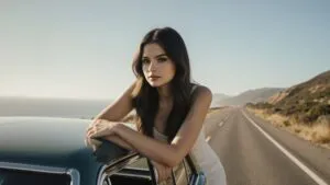 Selena Gomez Leaning Over a Vintage Car on Coastal Road