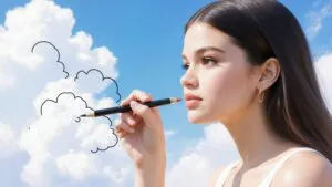 Selena Gomez sketching clouds on a summer afternoon