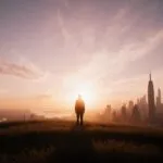 Single Figure Back View Open Field Sunset