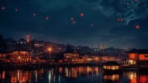 Sky Lanterns Over Ancient Harbor