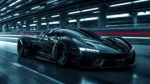 Sleek Electric Sports Car in a Wind Tunnel