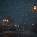 Snowflakes Falling on Street Lamps
