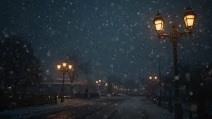 Snowflakes Falling on Street Lamps