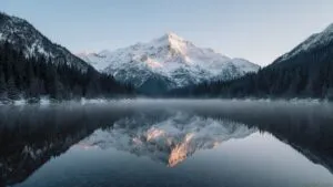 Snowy Peak Alpine Lake Reflection Clear Stillness