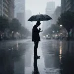 Solitary Figure Under Rainy City Umbrella