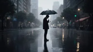 Solitary Figure Under Rainy City Umbrella
