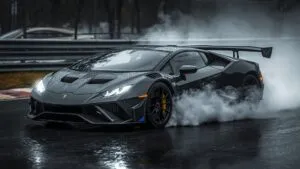 Sportscar Hood Vents Steaming on a Rainy Track