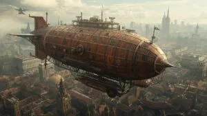 Steampunk Airship Floating Over City