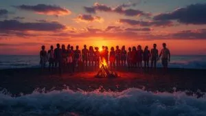 Summer Solstice Beach Bonfire at Dusk