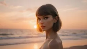 Taylor Swift AI Portrait on Beach Sunset