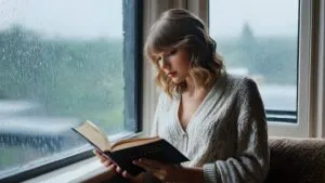 Taylor Swift Reading a Book Beside a Rainy Window