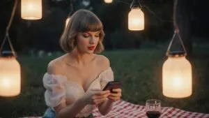 Taylor Swift having a picnic under lanterns