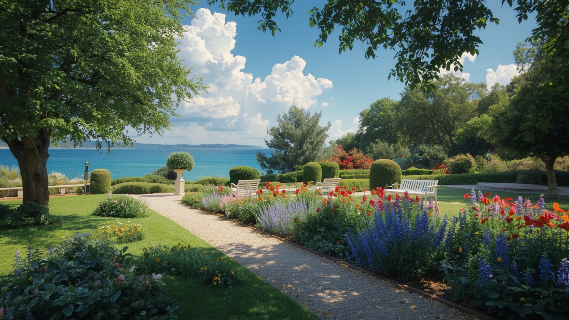 the garden at sainte-adresse wallpaper, art & masterpieces, claude monet, garden at sainte-adresse, impressionism, seaside, summer, vibrant, desktop, mobile, background