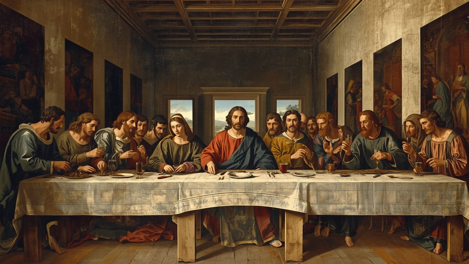 the last supper drama wallpaper, art & masterpieces, fresco, leonardo da vinci, narrative, religious scene, renaissance, the last supper, desktop, mobile, background