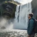 Traveler Standing by Waterfall