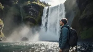 Traveler Standing by Waterfall