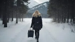 Traveler Walking Through Snowy Path