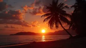 Tropical Beach Sunrise Palm Tree Silhouette