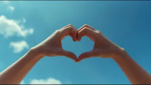 Two Hands Forming A Heart Against Blue Sky